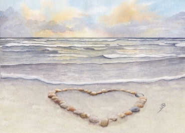 Poster DIN-A4  Sonnenuntergang Strand mit Muschelherz  - Sylt19 - Beschriftung nach Wahl möglich. Aquarell Maritim Kunst Druck Kunstdruck Dänemark Nordsee Düne Dünen Meer Möwe Ostsee